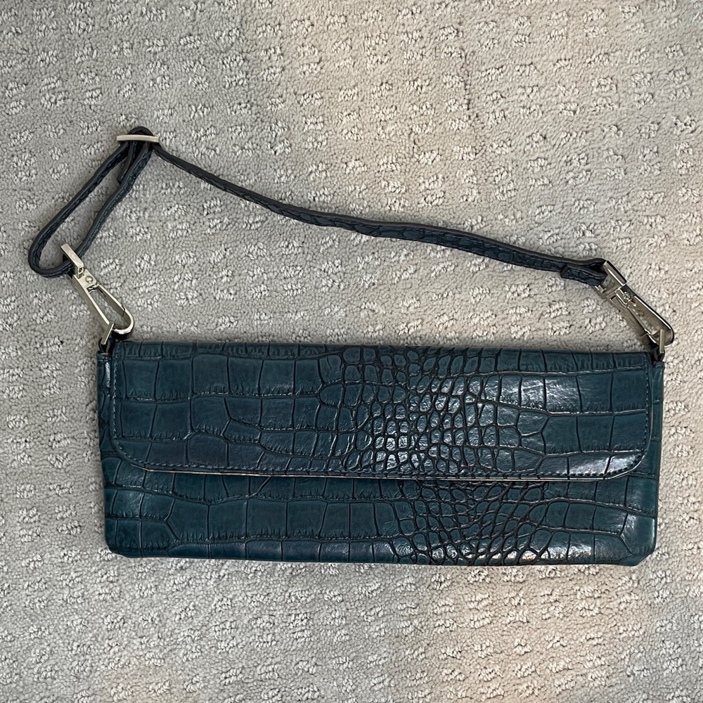 Crocodile-Embossed dark teal blue Clutch by Rampage with removable strap